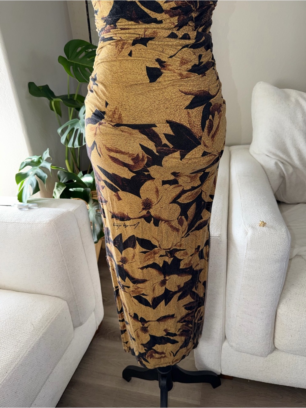 AllSaints Mustard and Black Floral Maxi Dress with Tie Front - Picture 8 of 14
